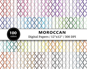 Moroccan Digital Paper, 100 Rainbow Colors, Mosaic Quatrefoil Pattern Scrapbook Paper, Geometric Background, Scrapbooking, Instant Download