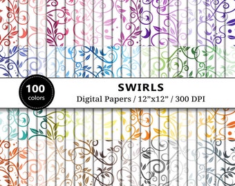 Colored Swirls Digital Paper, 100 Rainbow Doodle Floral Pattern, Scrapbook Papers, Spring Flowers Background, Scrapbooking, Instant Download