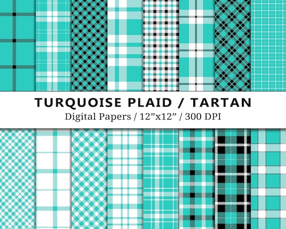 Turquoise Plaid Tartan Digital Paper, Lumberjack, Teal Fabric Patterns, Textile, Buffalo Check, Gingham, Scrapbook Papers, Commercial Use
