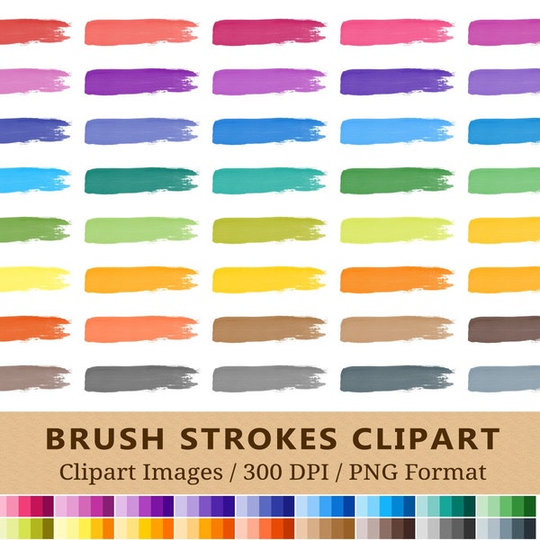 100 Brush Stroke Clipart, Watercolor Paint Brush Clip Art, Rainbow Colors, Planner Stickers, Icons, Scrapbooking, PNG, Instant Download