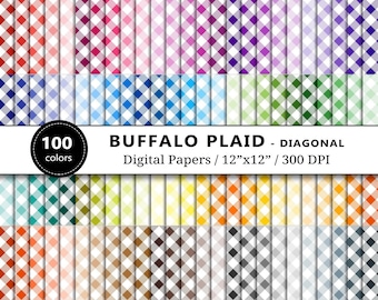 Diagonal Buffalo Check Plaid Digital Papers, Gingham Lumberjack Flannel, 100 Rainbow Scrapbook Paper, Textile Fabric Pattern, Commercial