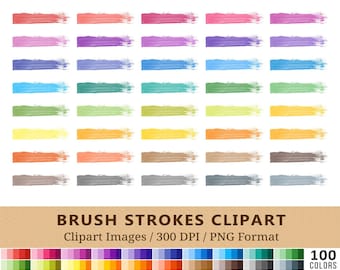 100 penseelstreek clipart, aquarel penseel illustraties, regenboogkleuren, planner stickers, pictogrammen, scrapbooking, PNG, Instant Download