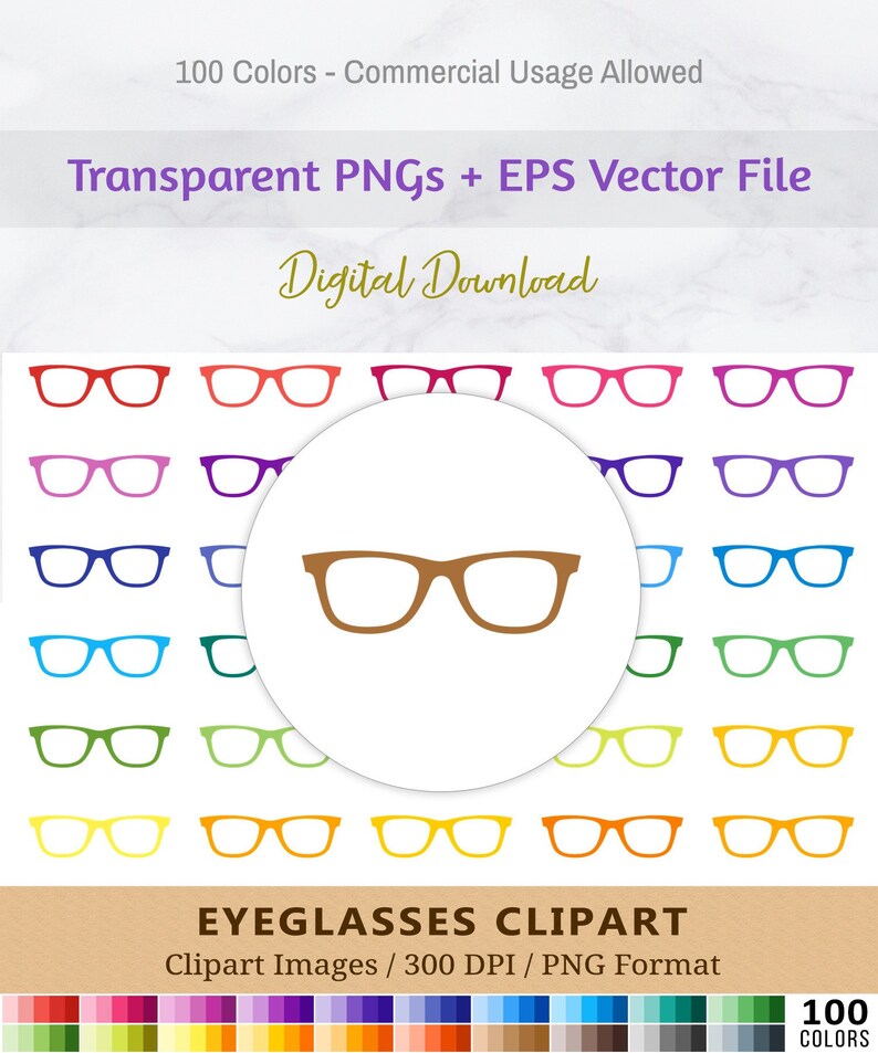 100 Eyeglasses Clipart, Reading Glasses Frame Clip Art, Rainbow Colors, Spectacles Planner Stickers, Geek Nerd, Scrapbooking, Vector EPS PNG image 2