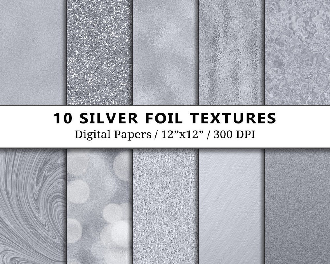 Silver Foil Digital Paper Pack, Metallic Glitter, Scrapbook, Silver ...