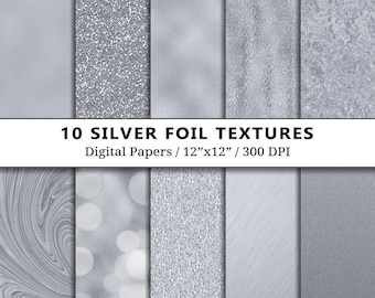 Silver Foil Digital Paper Pack, Metallic Glitter, Scrapbook, Silver Backgrounds, Scrapbooking, Foil, Sparkles, Textures, Tones