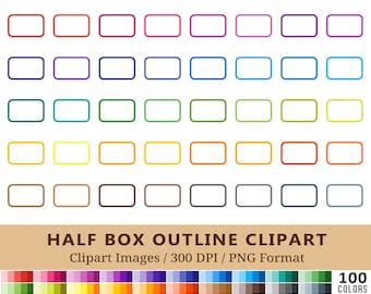 100 Outlined Half Box Clipart, Supplies, Rounded Outline Half Boxes Clip Art, Rainbow Colors, Functional Planner Stickers, Icons, PNGs