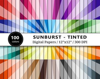 Tinted Sunburst Digital Paper, 100 Rainbow Colors, Star Burst Pattern Backgrounds, Scrapbook Papers Printable, Scrapbooking, Commercial Use