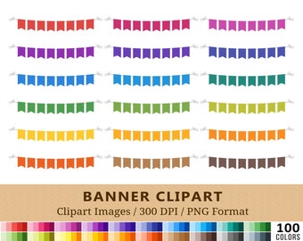 100 Bunting Banner Clipart, Bunting Flag Clip Art, Rainbow Pennant, Garland Planner Stickers, Party Banner, Instant Download, Commercial PNG