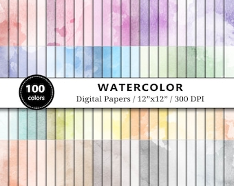 Watercolor Digital Paper Printable, 100 Rainbow Colors, Painted Texture Backgrounds, Scrapbook Papers, Scrapbooking, Instant Download
