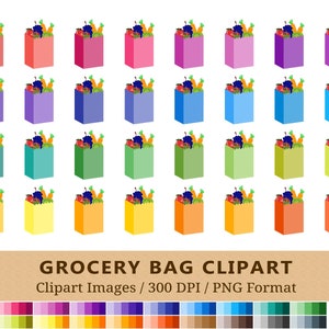 100 imágenes prediseñadas de bolsas de comestibles, imágenes prediseñadas de compras, pegatinas del planificador de colores del arco iris, iconos de recados, tienda de supermercado, frutas y verduras, EPS + PNG