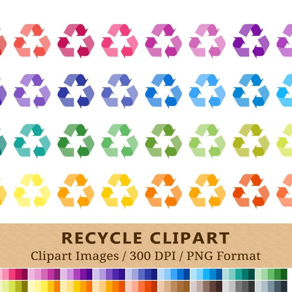 100 Recycle Clipart, Recycling Symbol Clip Art, Rainbow Colors, Planner Stickers, Eco Icons, Digital, Trash, Scrapbooking, Vector EPS PNG