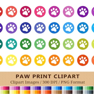 100 Paw Prints Clipart, Dog Cat Paw Clip Art, Rainbow Colors, Planner Stickers, Icons, Digital, Pet Clipart, Scrapbooking, Vector EPS PNG