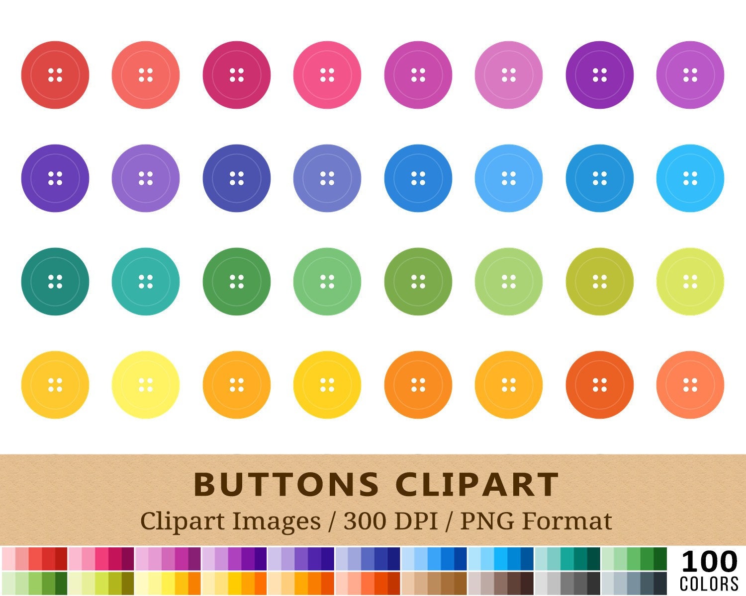 100 Button Clipart, Sewing Buttons Clip Art, Rainbow Colors, Digital