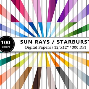 Starburst Digital Paper, 100 Rainbow Colors, Sun Rays Backgrounds, Scrapbook Papers Printable, Light Burst Pattern, Scrapbooking, Commercial