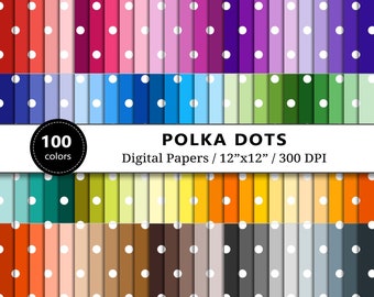 White Polka Dots Digital Paper, 100 Rainbow Colors, Scrapbook Paper Printable, Polka Dots Backgrounds, Scrapbooking, Commercial Use