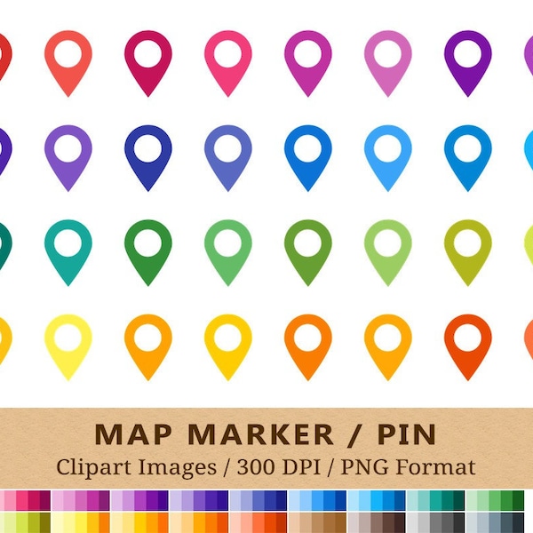 100 Map Location Markers Clipart, Map Pin Clip Art, Rainbow Colors, Planner Stickers, Pin Locators, Icons, Travel Road Trip, Vector EPS PNG