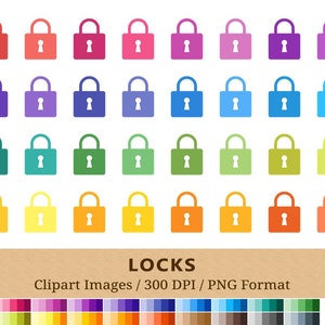 May include: A set of 100 colourful padlock clip art images in PNG format. The padlocks are all the same size and shape, but they are in a variety of colours, including red, orange, yellow, green, blue, purple, and pink.