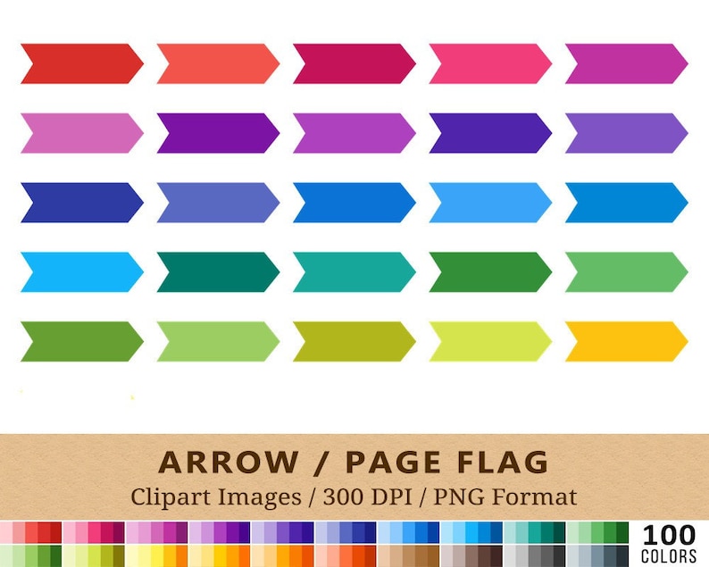 100 Page Flags Clipart, Arrow Clip Art, Rainbow Colors, Tab Flag