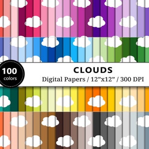 Clouds Digital Paper Backgrounds, Sky Clouds Textures, 100 Bright Rainbow Colors, Scrapbook Paper, Scrapbooking, Commercial Use