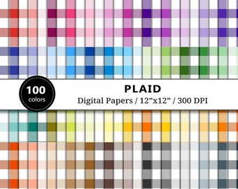 White Check Plaid Digital Papers, Gingham Lumberjack Flannel, 100 Rainbow Colors Scrapbook Paper, Textile Fabric Pattern, Instant Download