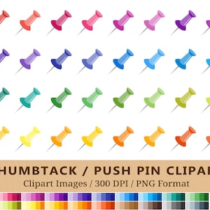 100 imágenes prediseñadas de chincheta, imágenes prediseñadas de pasadores de empuje, pegatinas imprimibles del planificador de tachuelas de arco iris, iconos estacionarios digitales, suministros de oficina, PNG