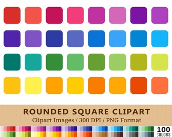 100 Rounded Square Clipart, Rainbow Colors, Planner Stickers ,Clip Art, Icons, Digital, Scrapbooking, Instant Download, Commercial Use PNGs