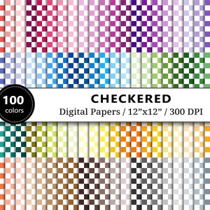 Checkered Digital Papers Pack, Checkerboard Printable Paper, 100 Rainbow Colors, Scrapbook Paper Backgrounds, Card Making, Scrapbooking