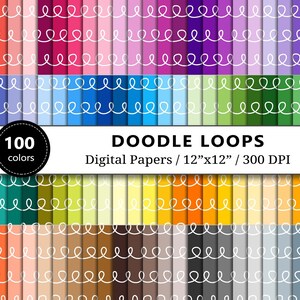 May include: 100 digital papers with a doodle loop pattern in various colors. Each paper is 12 inches by 12 inches and 300 DPI.
