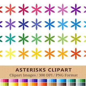 May include: A set of 100 colorful asterisk clipart images in PNG format. The asterisks are arranged in rows of eight, with each row featuring a different color. The colors range from red to purple, blue to green, yellow to orange, and brown to gray.
