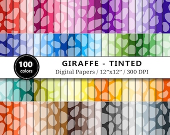 Tinted Giraffe Print Digital Paper, 100 Rainbow Safari Animal Pattern, Scrapbook Papers Printable, Background, Scrapbooking, Commercial Use