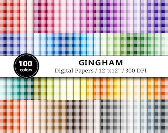 Paquete de papel digital Gingham, papel imprimible Gingham, papel de álbum de recortes, fondos de Gingham, Scrapbooking, 100 colores del arco iris, uso comercial