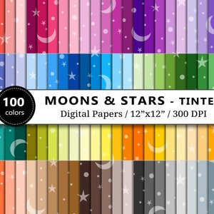 Getinte maan en ster digitale papieren, 100 regenboog manen en sterren patroon, sterrenstelsel scrapbook papier, nachtelijke hemelachtergrond, scrapbooking