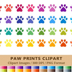100 Paw Prints Clipart, Dog Cat Paw Clip Art, Rainbow Colors, Vector EPS PNG, Planner Stickers, Icons, Digital, Pet Clipart, Scrapbooking
