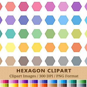 May include: A set of 100 hexagon clipart images in various colors. The hexagons are outlined in black and are arranged in rows of 8. The image includes a title "HEXAGON CLIPART" and the text "Clipart Images / 300 DPI / PNG Format".