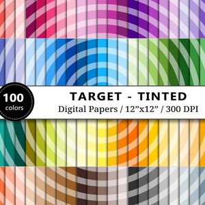May include: A set of 100 digital papers featuring a target pattern in various colors. Each paper is 12 inches by 12 inches and has a resolution of 300 DPI. The papers are perfect for scrapbooking, card making, and other crafting projects.