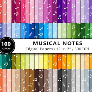 Papel digital de notas musicales, 100 colores del arco iris, fondos musicales, papeles de álbum de recortes, patrón de música Scrapbooking imprimible, descarga instantánea