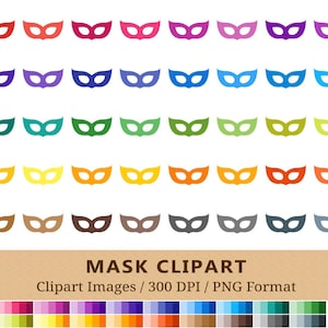 100 masker clipart, maskerade masker illustraties, Rainbow planner afdrukbare stickers, Mardi Gras, carnaval, feest, digitale iconen, vector + PNGs
