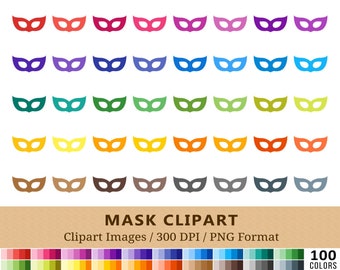 100 Mask Clipart, Masquerade Mask Clip Art, Rainbow Planner Printable Stickers, Mardi Gras, Carnival, Party, Digital Icons, Vector + PNGs