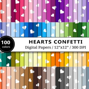 Confetti Hearts Digital Paper, 100 Rainbow Colors, Heart Scrapbook Papers, Fun Party Background Patterns, Scrapbooking, Instant Download