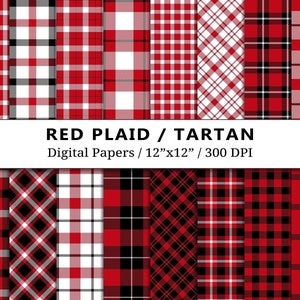 Red Plaid Tartan Digital Papers Pack, Lumberjack Flannel, Fabric Patterns, Textile, Buffalo Check, Gingham, Scrapbooking, Instant Download