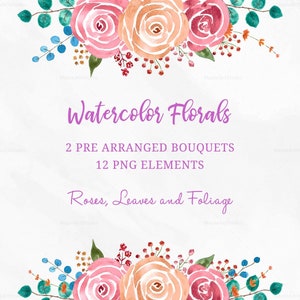 Watercolor Floral Clipart, Hand Painted Roses Foliage, Download Clipart, Pink Floral Clip Art, Pre-Arranged Bouquet, Commercial Use