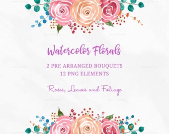 Watercolor Floral Clipart, Hand Painted Roses Foliage, Download Clipart, Pink Floral Clip Art, Pre-Arranged Bouquet, Commercial Use