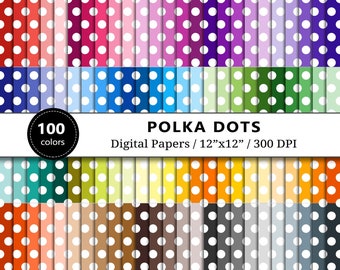 White Polka Dots Digital Paper, 100 Rainbow Colors, Scrapbook Paper Printable, Polka Dots Backgrounds, Scrapbooking, Commercial Use