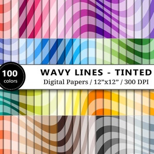 Getint golvende lijnen digitaal papier, 100 regenboogkleuren, golvende achtergronden, plakboekpapier, golvenpatroon, scrapbooking, zigzag digitaal papier