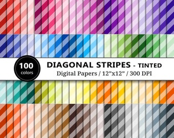 Tinted Diagonal Stripes Digital Paper Backgrounds, Lines Textures, 100 Rainbow Pattern Scrapbook Paper, Digital Scrapbooking, Striped Paper