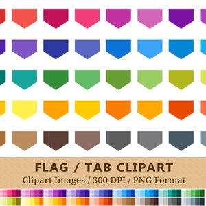 Puede incluir: Un conjunto de 100 imágenes de clipart de banderas o pestañas coloridas en formato PNG. Las banderas son de varios colores, incluyendo rojo, morado, azul, verde, amarillo, naranja, marrón y gris. Las banderas tienen todas la misma forma, con una parte inferior puntiaguda y una parte superior redondeada. La imagen también incluye una tabla de colores que muestra los 100 colores.