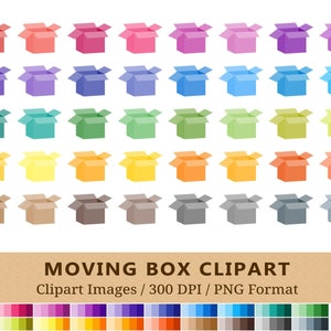 100 imágenes prediseñadas de caja móvil, imágenes prediseñadas de caja de cartón, colores del arco iris, pegatinas del planificador de limpieza, iconos de embalaje, scrapbooking, vector + PNG