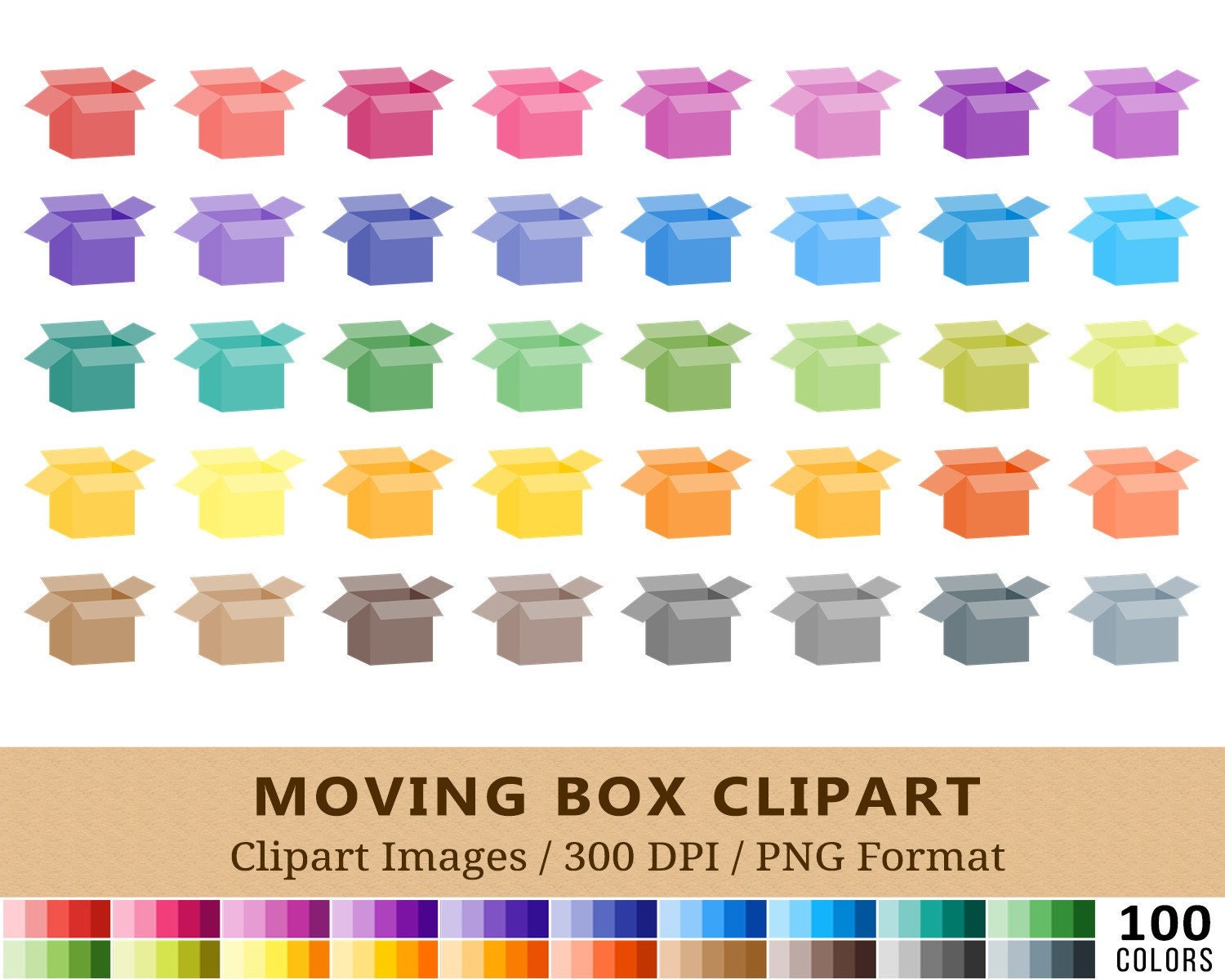 100 Moving Box Clipart, Cardboard Box Clip Art, Rainbow Colors