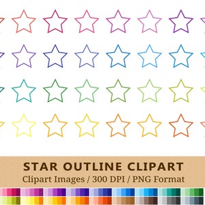 100 Star Outline Clipart, Star Frame, Rainbow Colors, Functional Planner Stickers Clip Art, Icons, Digital Illustration, Scrapbooking, PNGs