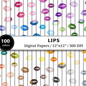 Lips Digital Paper, 100 Rainbow Colors, Love Kiss Scrapbook Papers Printable, Valentines Day Background, Scrapbooking, Instant Download